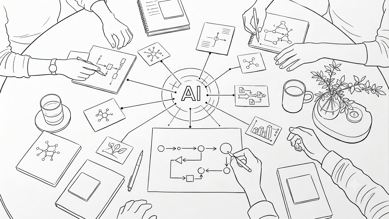 Illustration d'une architecture AI-ready : l'IA au centre, connectée aux documents, données et workflows métier