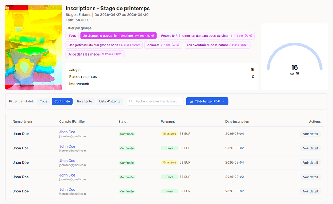 Tableau de bord de gestion des inscriptions et des stages, vue ERP/CRM sur-mesure